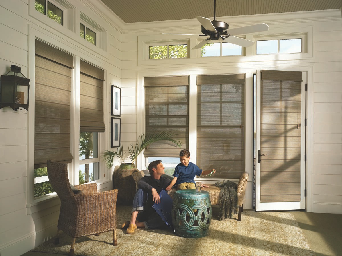 Hunter Douglas Provenance® Woven Wood Shades PowerView® Automation – Raleigh, North Carolina (NC) adding a rustic touch.