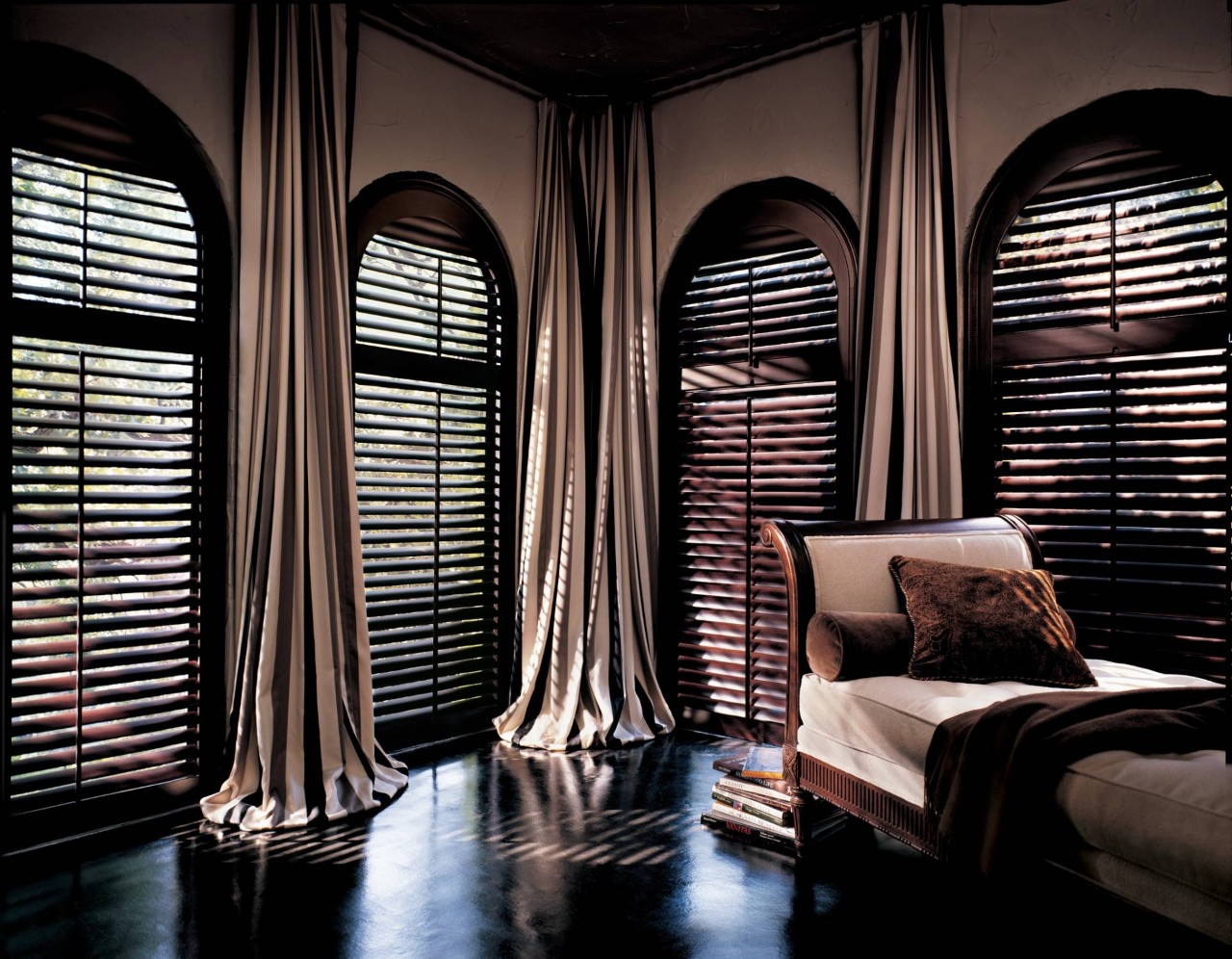 Hunter Douglas Heritance® Hardwood Shutters with layered drapery near Apex, North Carolina (NC)