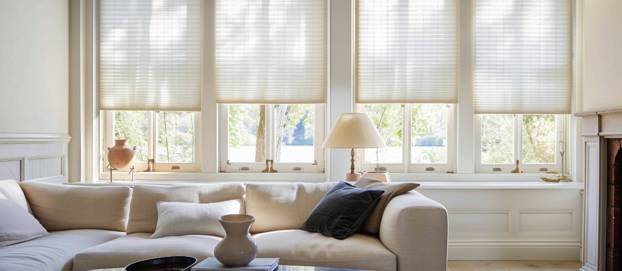 A living room with neutral color palette and cellular shades at Benchmark Shutters & Shades near Apex North Carolina (NC)